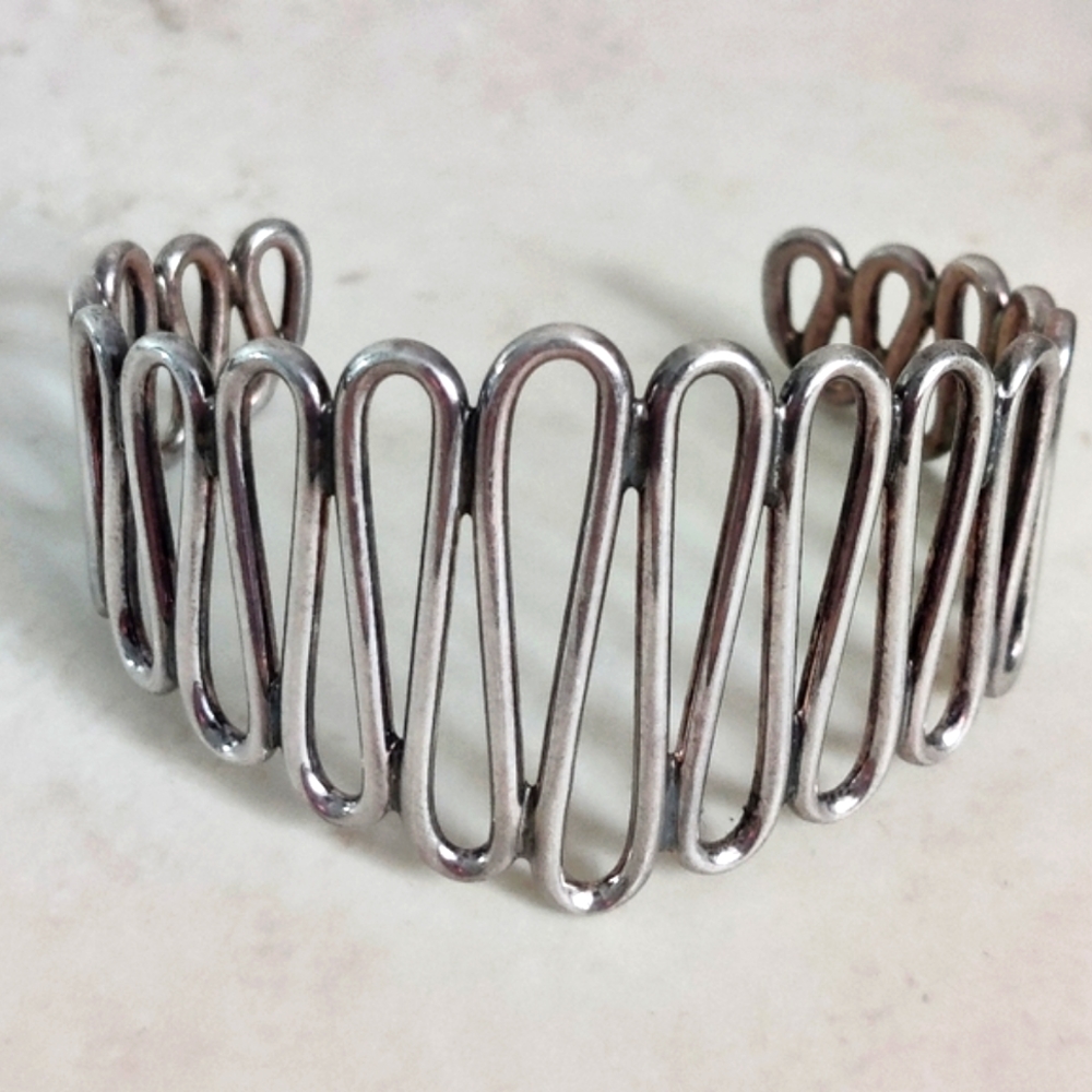 Vintage Modernist Bracelet Sterling 925 Silver Gradient Wave Cuff Bracelet